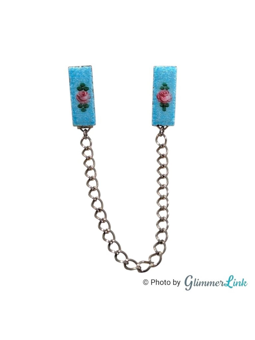 Vintage Guilloche Enamel Blue Pink Rose Sweater Guard Clips Floral 7 1/4"